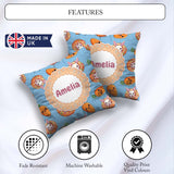 Custom Name Kawaii Bunny with Carrot Donut Seamless Pattern Blue Square Filled Cushion Throw Pillow Sofa Bed Home Decor Zip Washable UK Made