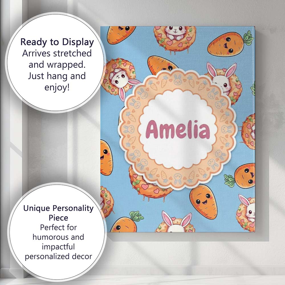 Personalised Name Cute Kawaii Bunny with Custom  Unique Gift Idea Elegant Feature Canvas Wall Art Print Decor Picture Ready to Hang