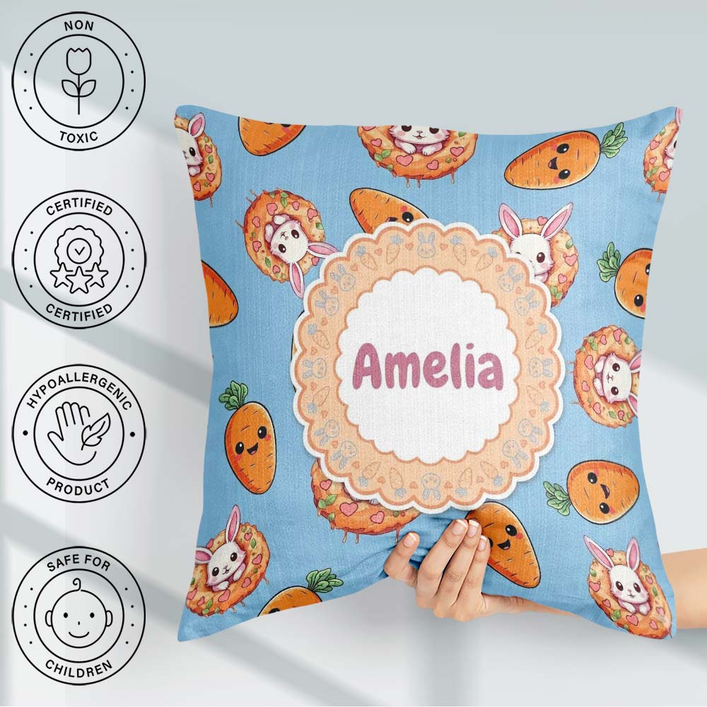 Custom Name Kawaii Bunny with Carrot Donut Seamless Pattern Blue Square Filled Cushion Throw Pillow Sofa Bed Home Decor Zip Washable UK Made