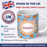Personalized Custom Name Cute Kawaii Bunny with Carrot Donut Seamless Pattern Blue 11oz Ceramic Coffee Tea Mug White Large Handle