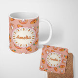 Personalized Custom Name Cute Kawaii Bunny with Carrot Donut Seamless Pattern Peach 11oz Ceramic Coffee Tea Mug White Large Handle