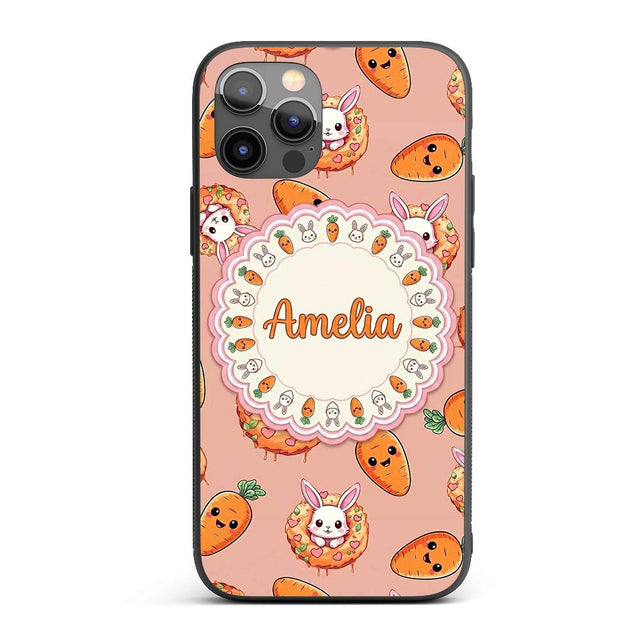 Cute Kawaii Bunny with Carrot Donut Seamless Custom Name Protective Phone Case Mobile Cover Durable Everyday Smartphone Shock Resistant