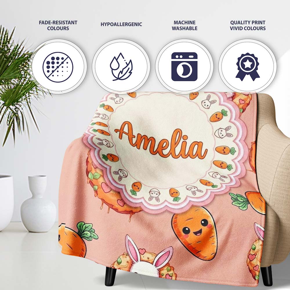 Cute Kawaii Bunny with Carrot Donut Seamless Pattern Peach  Personalised Custom Name Super Soft Fleece Blanket Bed Sofa Throw