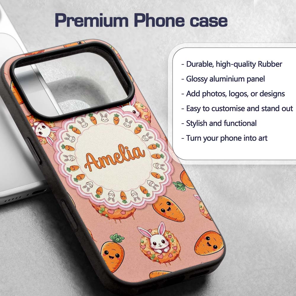 Cute Kawaii Bunny with Carrot Donut Seamless Custom Name Protective Phone Case Mobile Cover Durable Everyday Smartphone Shock Resistant