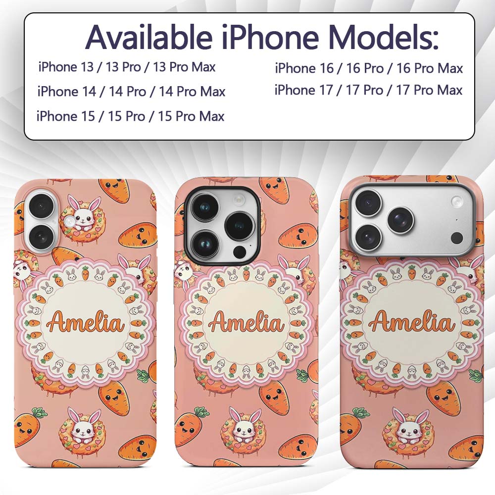 Cute Kawaii Bunny with Carrot Donut Seamless Custom Name Protective Phone Case Mobile Cover Durable Everyday Smartphone Shock Resistant