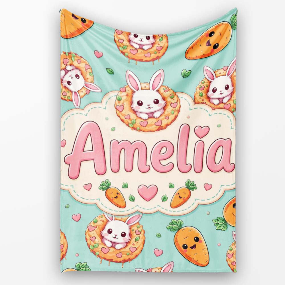 Cute Kawaii Bunny with Carrot Donut Seamless Pattern Mint  Personalised Custom Name Super Soft Fleece Blanket Bed Sofa Throw
