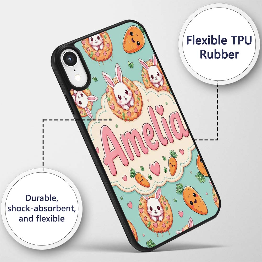 Cute Kawaii Bunny with Carrot Donut Seamless Custom Name Protective Phone Case Mobile Cover Durable Everyday Smartphone Shock Resistant
