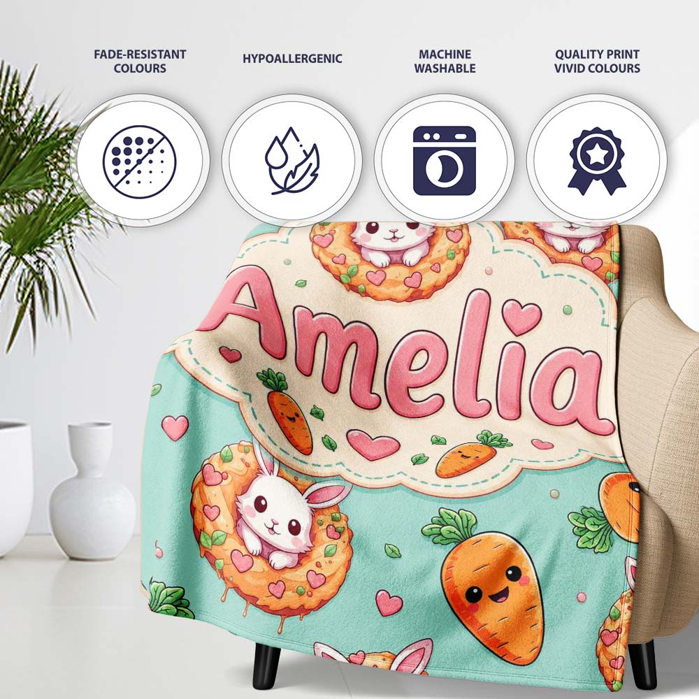 Cute Kawaii Bunny with Carrot Donut Seamless Pattern Mint  Personalised Custom Name Super Soft Fleece Blanket Bed Sofa Throw