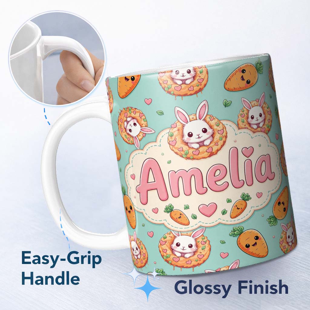 Personalized Custom Name Cute Kawaii Bunny with Carrot Donut Seamless Pattern Mint 11oz Ceramic Coffee Tea Mug White Large Handle