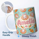 Personalized Custom Name Cute Kawaii Bunny with Carrot Donut Seamless Pattern Mint 11oz Ceramic Coffee Tea Mug White Large Handle