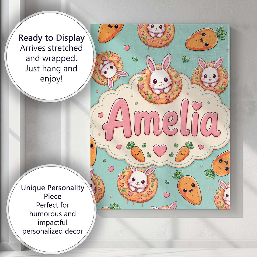 Personalised Name Cute Kawaii Bunny with Custom  Unique Gift Idea Elegant Feature Canvas Wall Art Print Decor Picture Ready to Hang