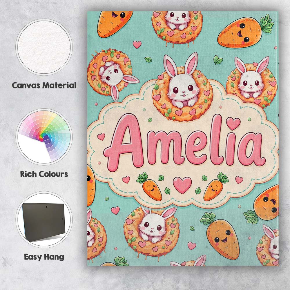 Personalised Name Cute Kawaii Bunny with Custom  Unique Gift Idea Elegant Feature Canvas Wall Art Print Decor Picture Ready to Hang