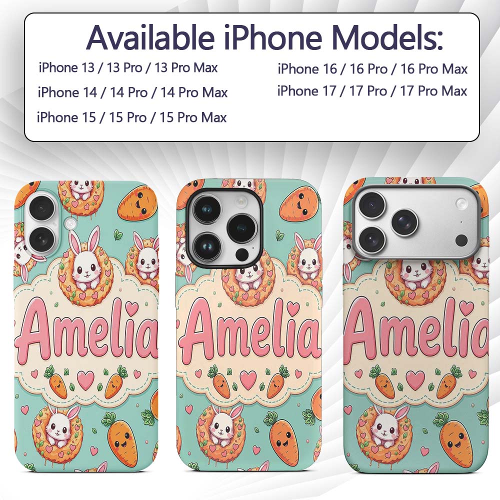 Cute Kawaii Bunny with Carrot Donut Seamless Custom Name Protective Phone Case Mobile Cover Durable Everyday Smartphone Shock Resistant