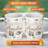 Personalized Custom Name Cute Woodland Hedgehog Mushrooms Leaves Seamless Pattern Soft Grey 11oz Ceramic Coffee Tea Mug White Large Handle