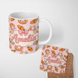 Personalized Custom Name Cute Kawaii Bunny with Carrot Donut Seamless Pattern Pink 11oz Ceramic Coffee Tea Mug White Large Handle