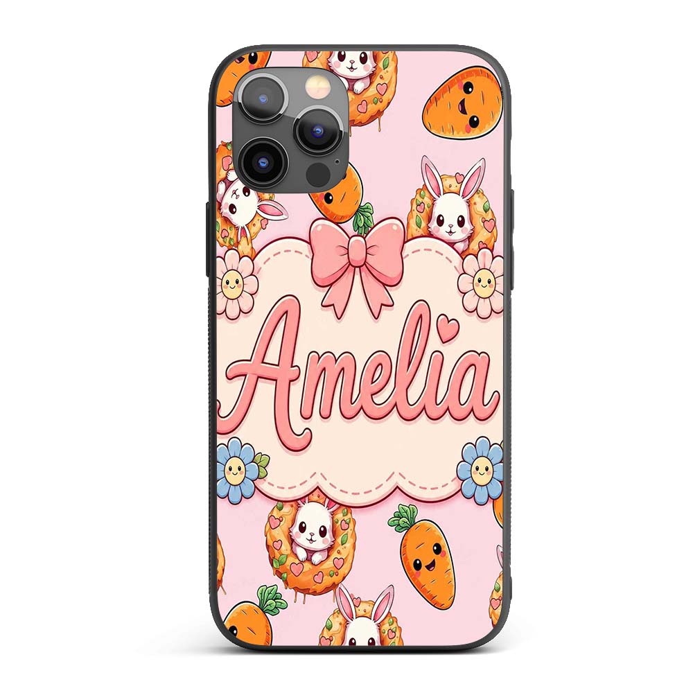 Cute Kawaii Bunny with Carrot Donut Seamless Custom Name Protective Phone Case Mobile Cover Durable Everyday Smartphone Shock Resistant