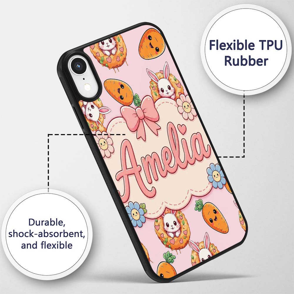 Cute Kawaii Bunny with Carrot Donut Seamless Custom Name Protective Phone Case Mobile Cover Durable Everyday Smartphone Shock Resistant