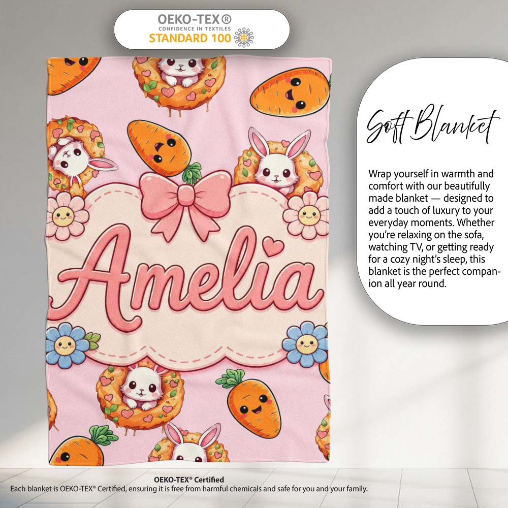 Cute Kawaii Bunny with Carrot Donut Seamless Pattern Pink  Personalised Custom Name Super Soft Fleece Blanket Bed Sofa Throw