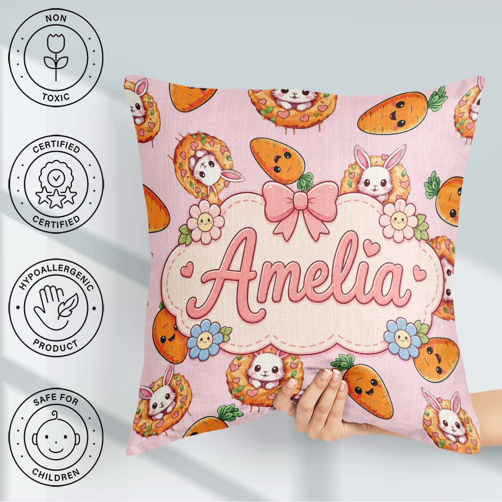 Custom Name Kawaii Bunny with Carrot Donut Seamless Pattern Pink Square Filled Cushion Throw Pillow Sofa Bed Home Decor Zip Washable UK Made