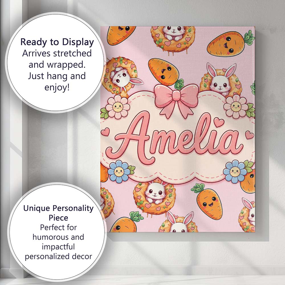 Personalised Name Cute Kawaii Bunny with Custom  Unique Gift Idea Elegant Feature Canvas Wall Art Print Decor Picture Ready to Hang