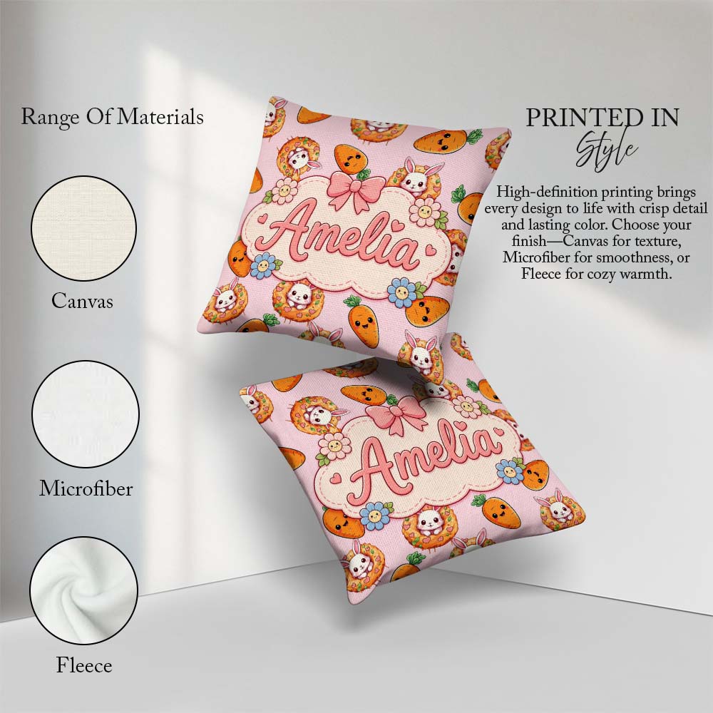 Custom Name Kawaii Bunny with Carrot Donut Seamless Pattern Pink Square Filled Cushion Throw Pillow Sofa Bed Home Decor Zip Washable UK Made