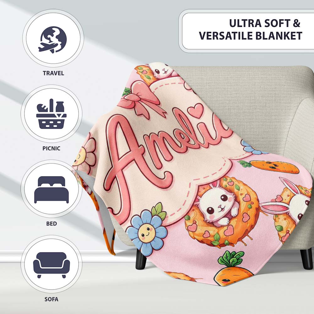 Cute Kawaii Bunny with Carrot Donut Seamless Pattern Pink  Personalised Custom Name Super Soft Fleece Blanket Bed Sofa Throw