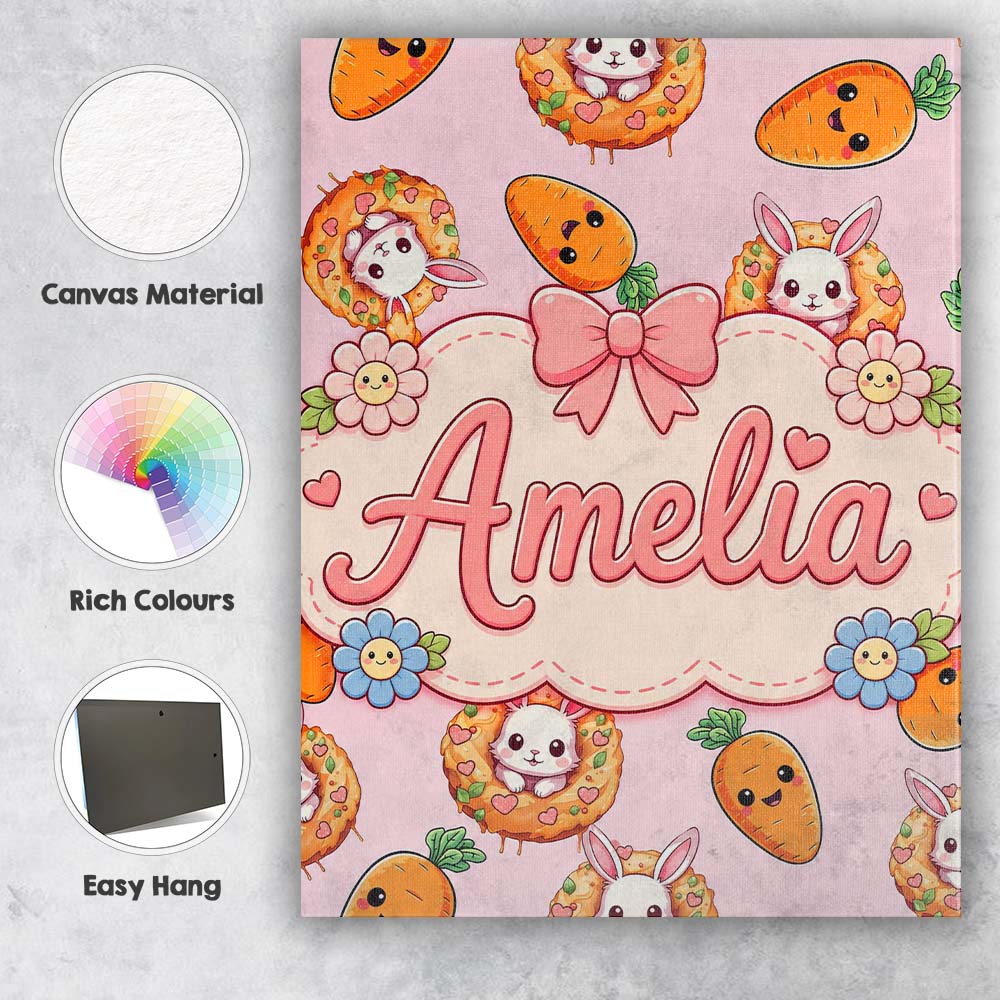 Personalised Name Cute Kawaii Bunny with Custom  Unique Gift Idea Elegant Feature Canvas Wall Art Print Decor Picture Ready to Hang