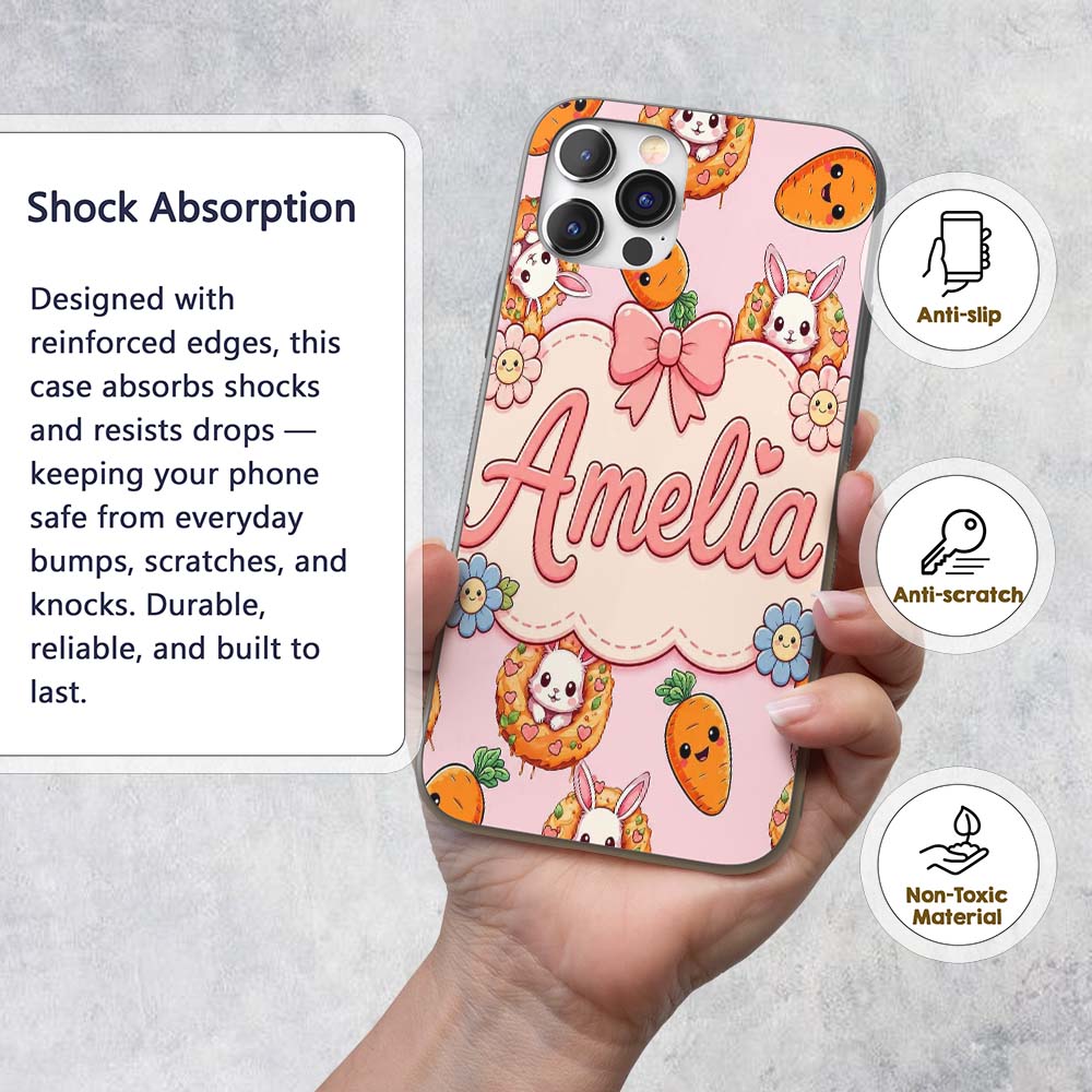 Cute Kawaii Bunny with Carrot Donut Seamless Custom Name Protective Phone Case Mobile Cover Durable Everyday Smartphone Shock Resistant