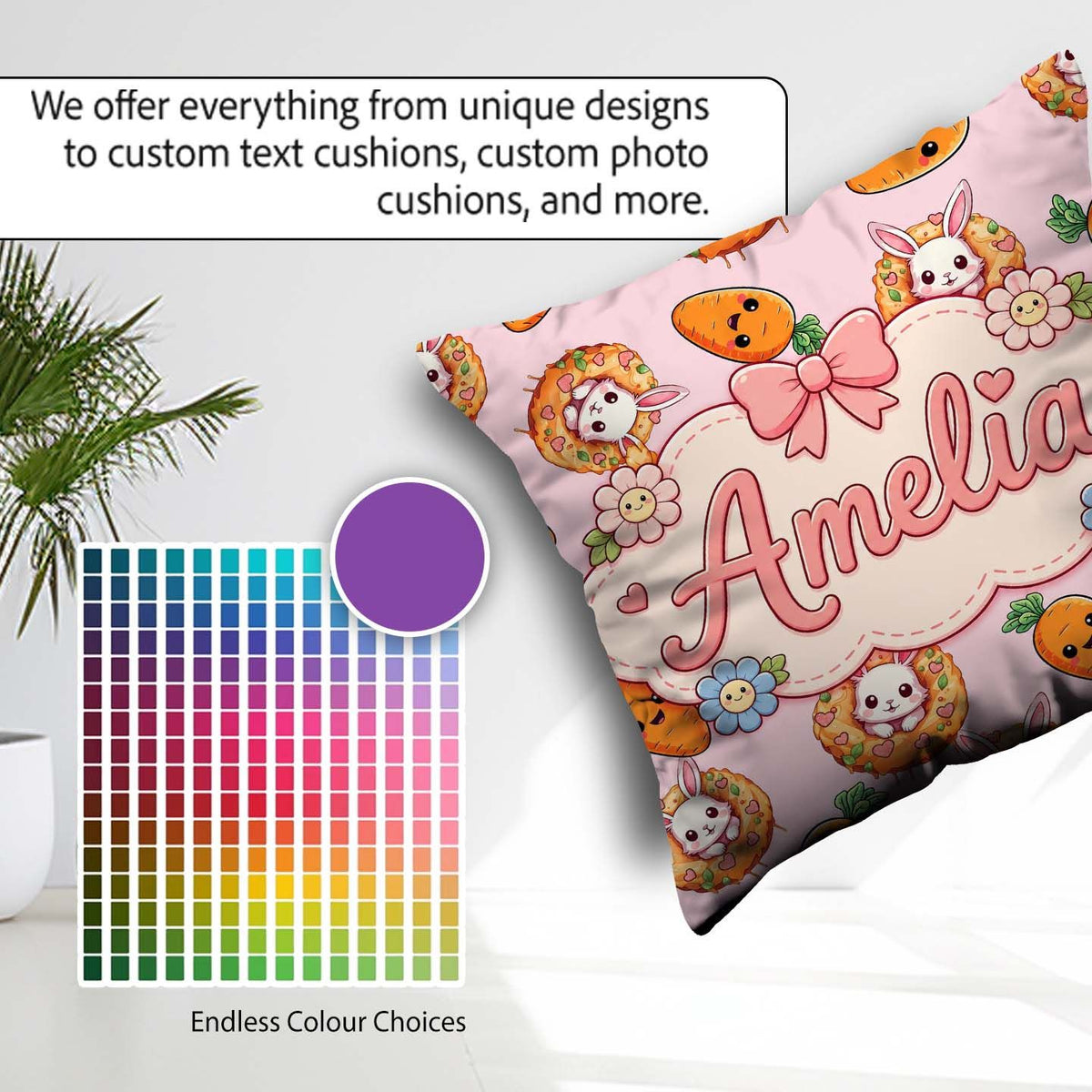 Custom Name Kawaii Bunny with Carrot Donut Seamless Pattern Pink Square Filled Cushion Throw Pillow Sofa Bed Home Decor Zip Washable UK Made