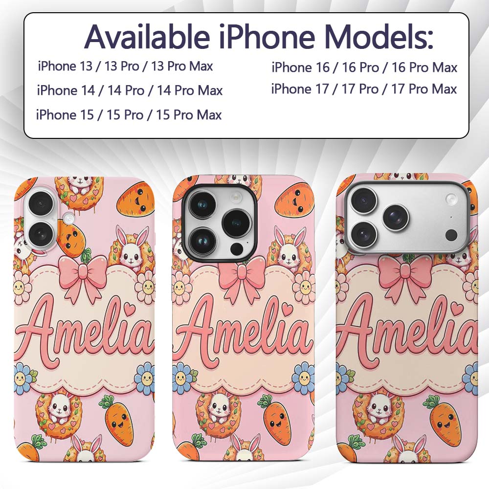Cute Kawaii Bunny with Carrot Donut Seamless Custom Name Protective Phone Case Mobile Cover Durable Everyday Smartphone Shock Resistant