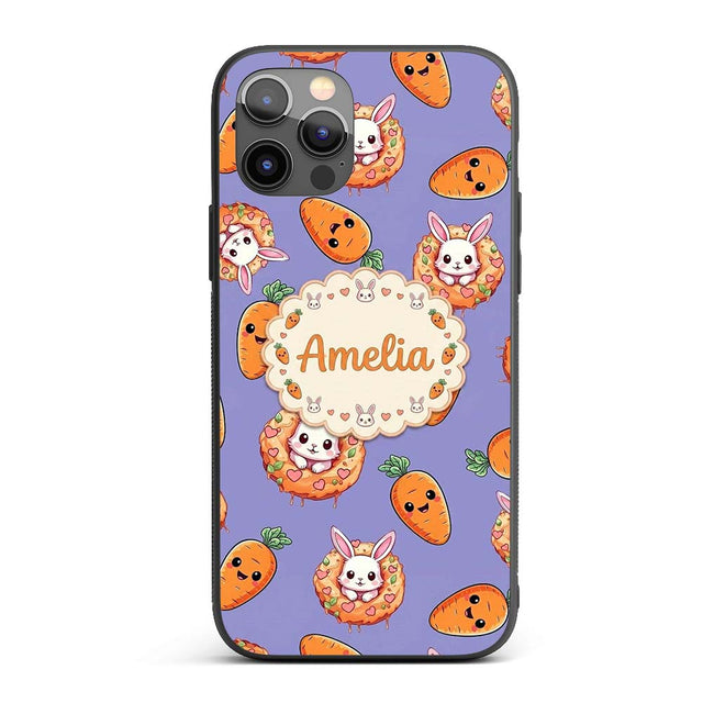 Cute Kawaii Bunny with Carrot Donut Seamless Custom Name Protective Phone Case Mobile Cover Durable Everyday Smartphone Shock Resistant