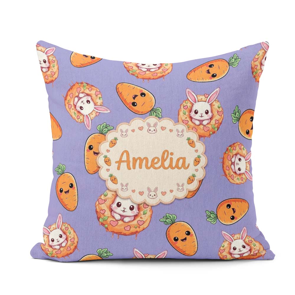 Custom Name Cute Kawaii Bunny with Carrot Donut Seamless Pattern Square Filled Cushion Throw Pillow Sofa Bed Home Decor Zip Washable UK Made