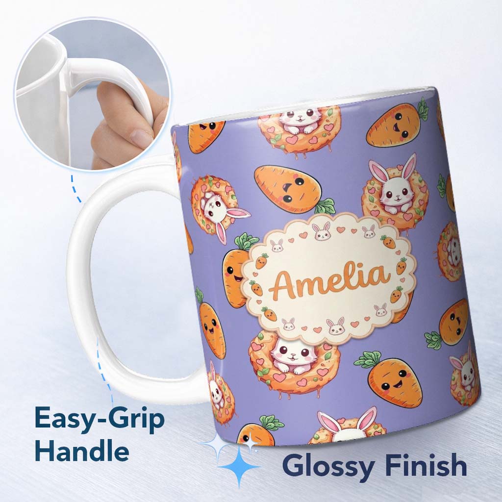Personalized Custom Name Cute Kawaii Bunny with Carrot Donut Seamless Pattern Purple 11oz Ceramic Coffee Tea Mug White Large Handle