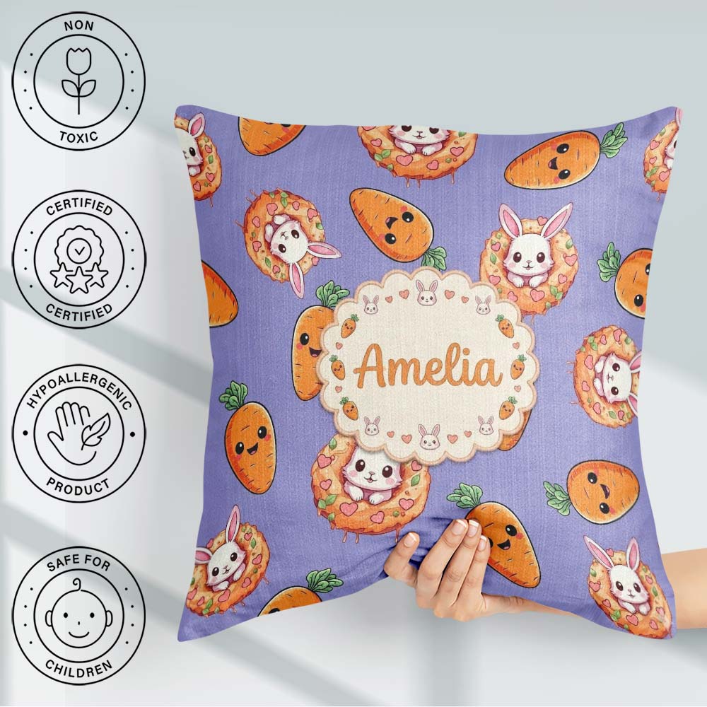 Custom Name Cute Kawaii Bunny with Carrot Donut Seamless Pattern Square Filled Cushion Throw Pillow Sofa Bed Home Decor Zip Washable UK Made