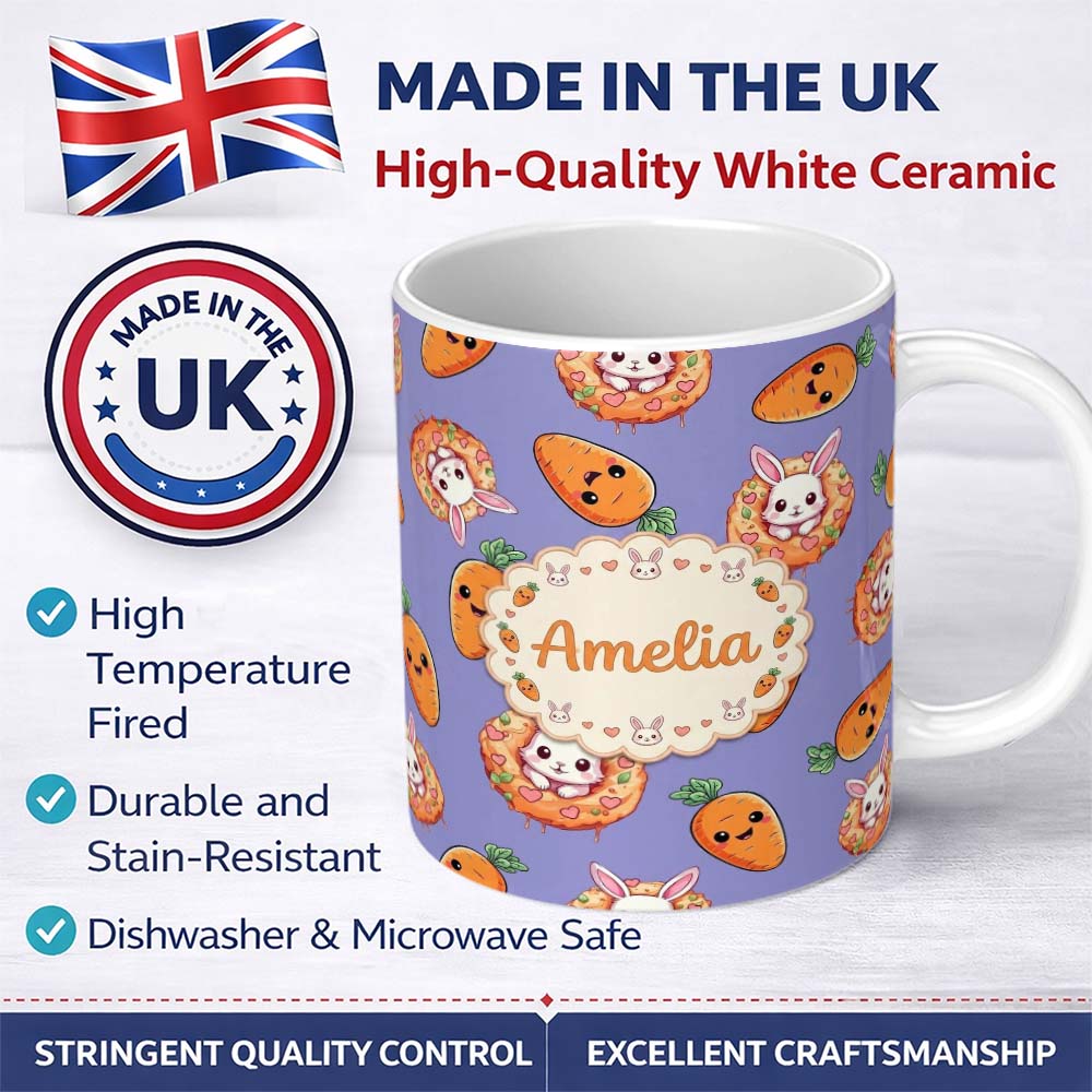Personalized Custom Name Cute Kawaii Bunny with Carrot Donut Seamless Pattern Purple 11oz Ceramic Coffee Tea Mug White Large Handle