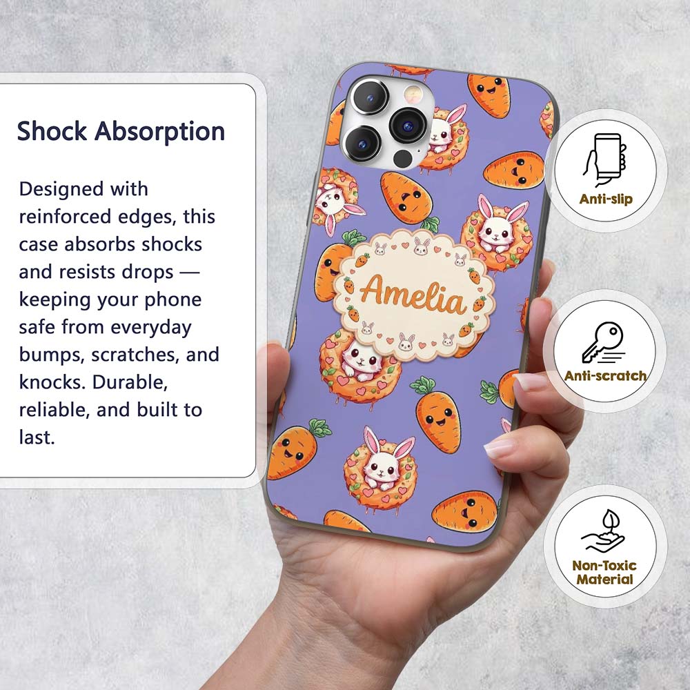 Cute Kawaii Bunny with Carrot Donut Seamless Custom Name Protective Phone Case Mobile Cover Durable Everyday Smartphone Shock Resistant