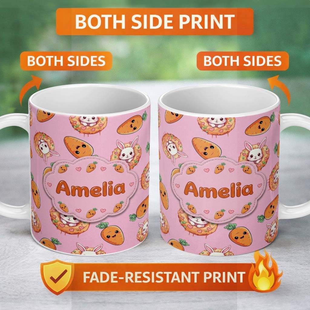 Personalized Custom Name Cute Kawaii Bunny with Carrot Donut Seamless Pattern Blush 11oz Ceramic Coffee Tea Mug White Large Handle