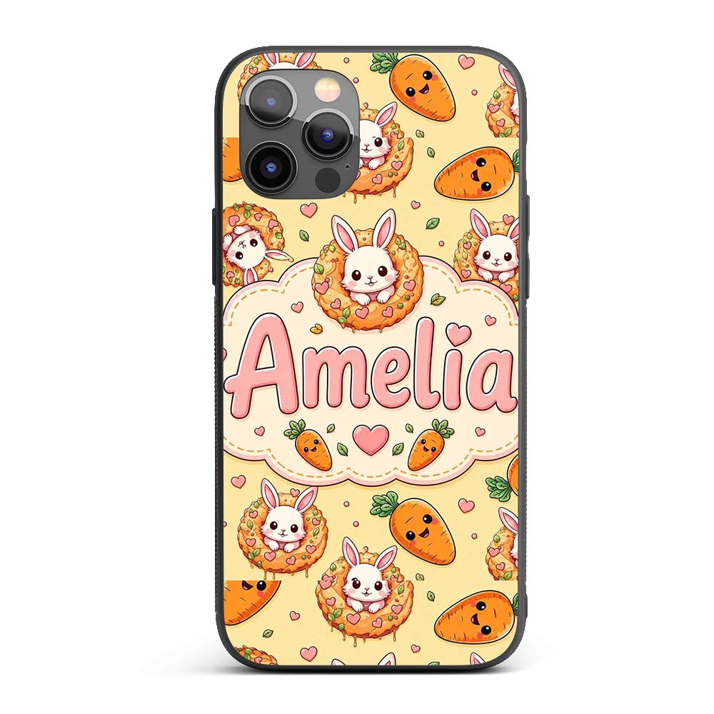 Cute Kawaii Bunny with Carrot Donut Seamless Custom Name Protective Phone Case Mobile Cover Durable Everyday Smartphone Shock Resistant