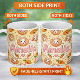 Personalized Custom Name Cute Kawaii Bunny with Carrot Donut Seamless Pattern Yellow 11oz Ceramic Coffee Tea Mug White Large Handle