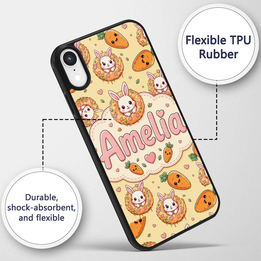 Cute Kawaii Bunny with Carrot Donut Seamless Custom Name Protective Phone Case Mobile Cover Durable Everyday Smartphone Shock Resistant