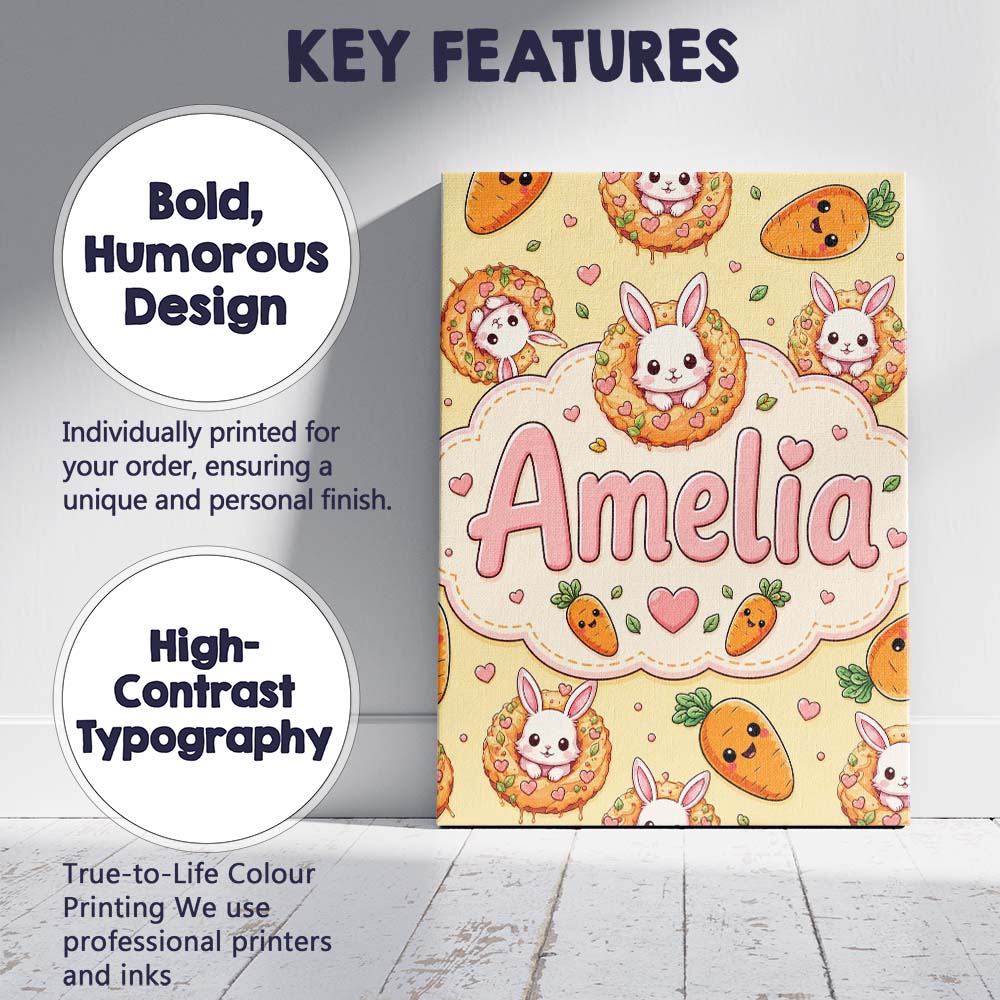 Personalised Name Cute Kawaii Bunny with Custom  Unique Gift Idea Elegant Feature Canvas Wall Art Print Decor Picture Ready to Hang