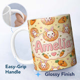 Personalized Custom Name Cute Kawaii Bunny with Carrot Donut Seamless Pattern Yellow 11oz Ceramic Coffee Tea Mug White Large Handle