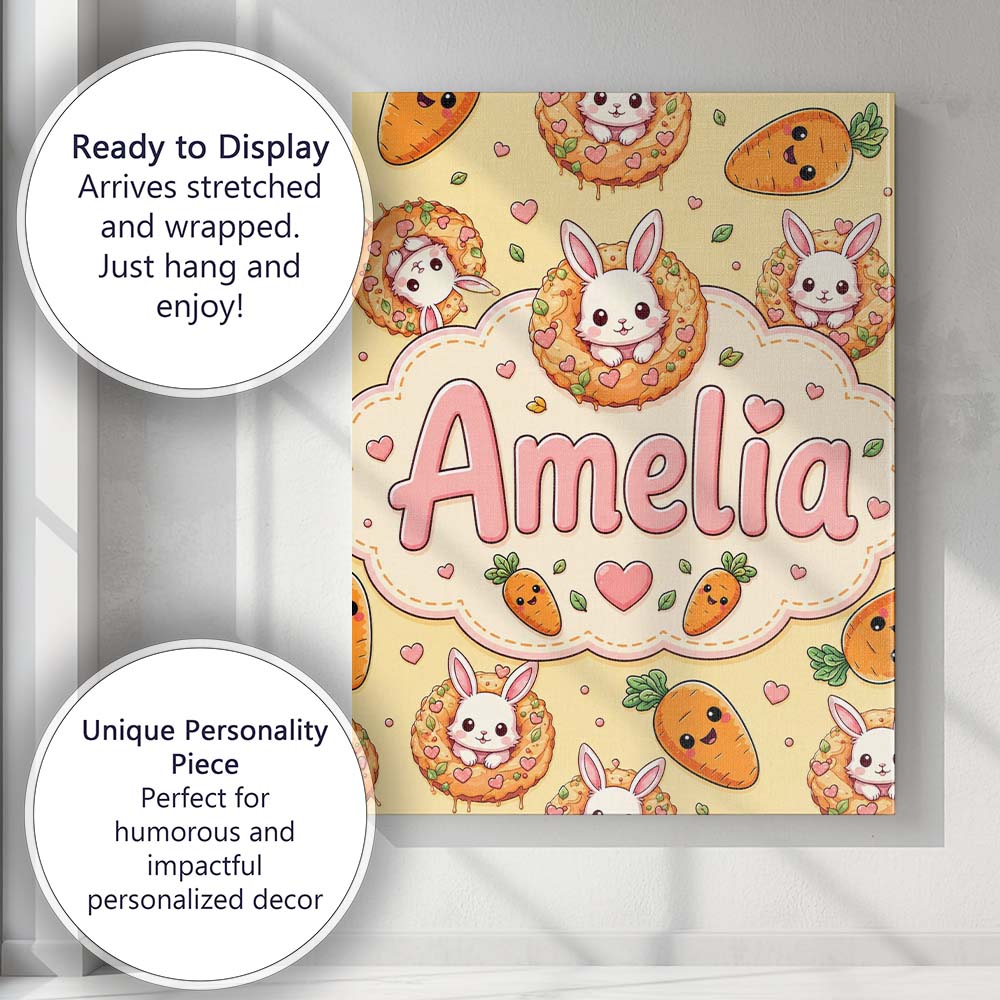 Personalised Name Cute Kawaii Bunny with Custom  Unique Gift Idea Elegant Feature Canvas Wall Art Print Decor Picture Ready to Hang