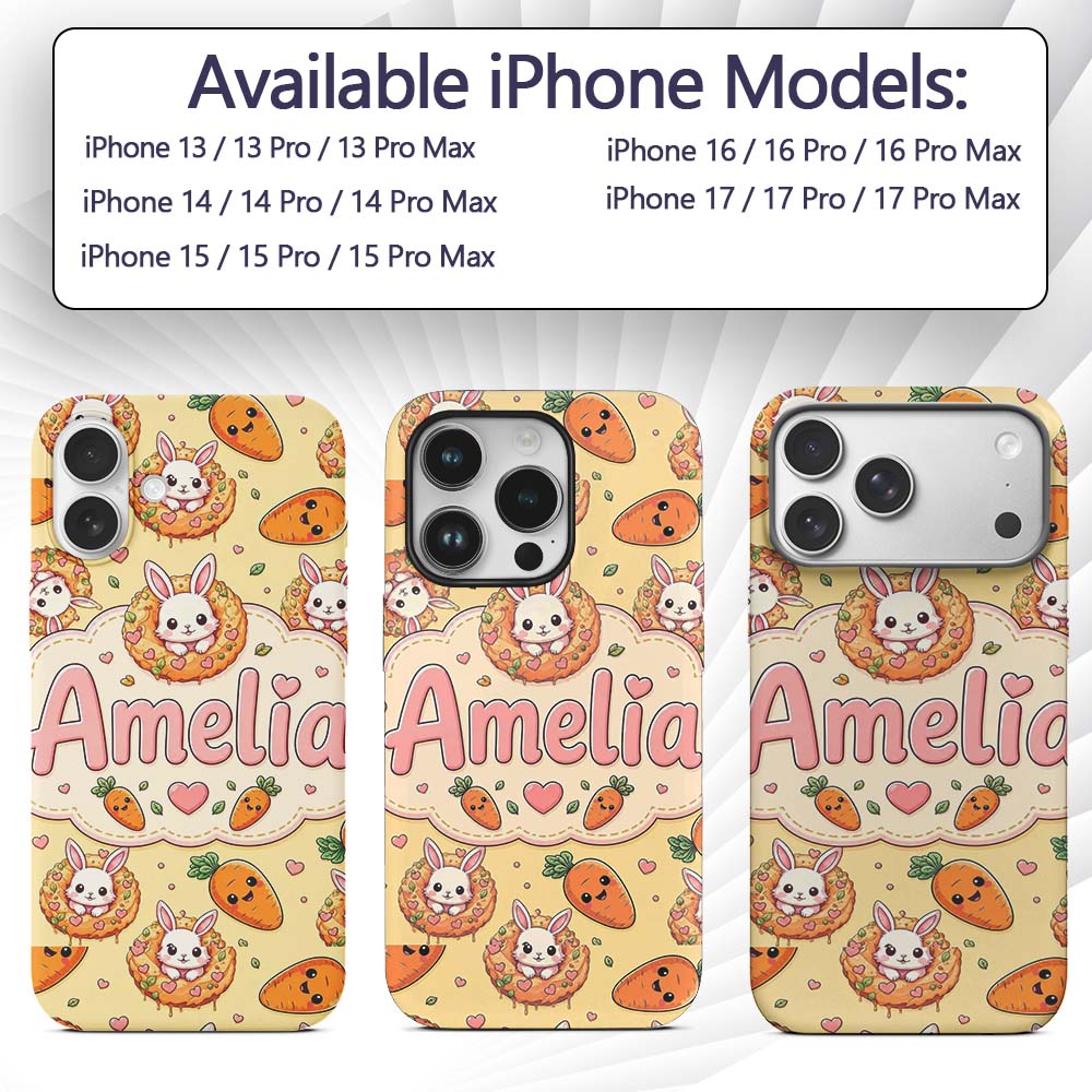 Cute Kawaii Bunny with Carrot Donut Seamless Custom Name Protective Phone Case Mobile Cover Durable Everyday Smartphone Shock Resistant