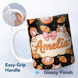 Personalized Custom Name Cute Kawaii Bunny with Carrot Donut Seamless Pattern Black 11oz Ceramic Coffee Tea Mug White Large Handle