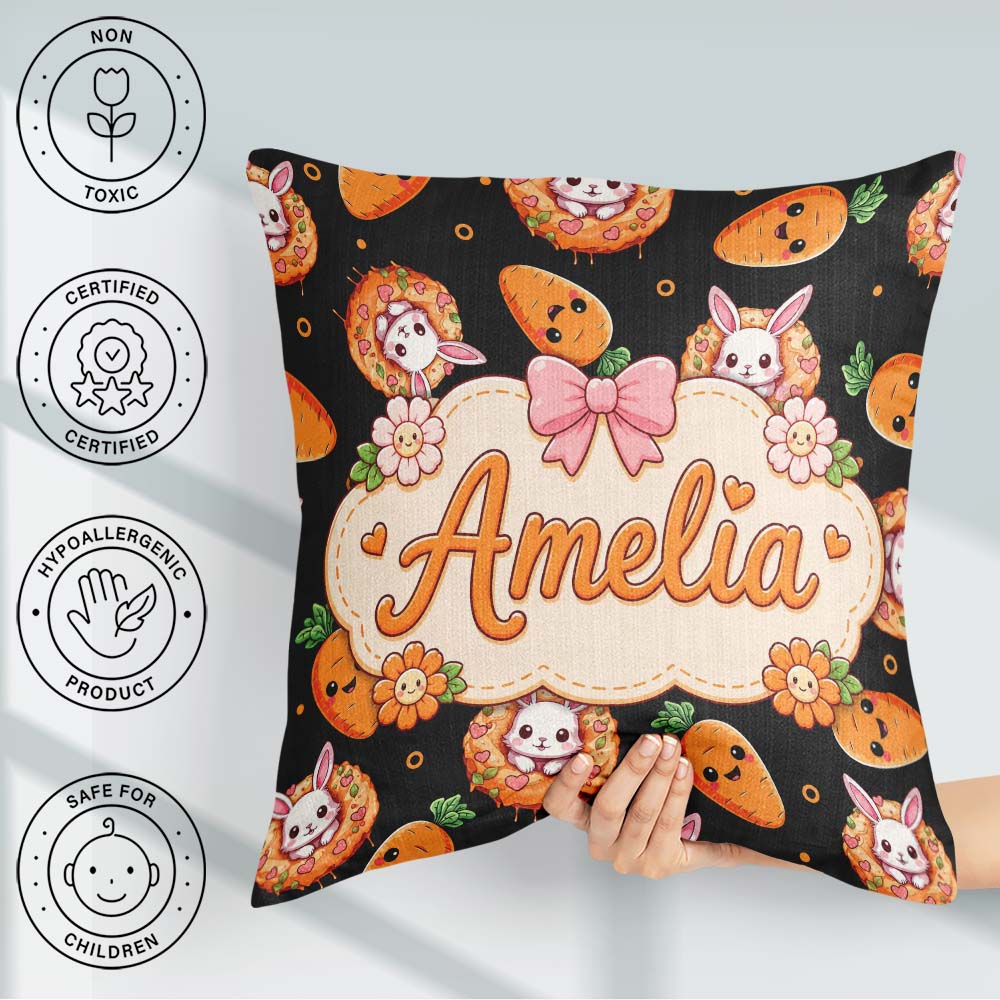 Custom Name Cute Kawaii Bunny with Carrot Donut Seamless Pattern Square Filled Cushion Throw Pillow Sofa Bed Home Decor Zip Washable UK Made
