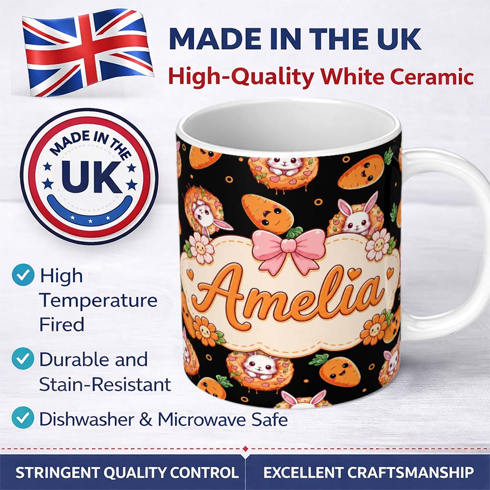 Personalized Custom Name Cute Kawaii Bunny with Carrot Donut Seamless Pattern Black 11oz Ceramic Coffee Tea Mug White Large Handle