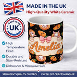 Personalized Custom Name Cute Kawaii Bunny with Carrot Donut Seamless Pattern Black 11oz Ceramic Coffee Tea Mug White Large Handle