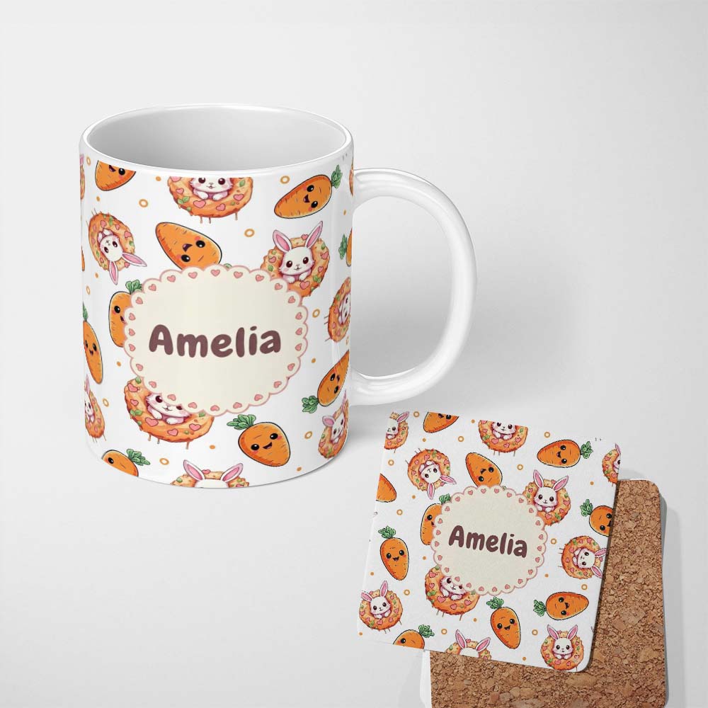 Personalized Custom Name Cute Kawaii Bunny with Carrot Donut Seamless Pattern Grey 11oz Ceramic Coffee Tea Mug White Large Handle