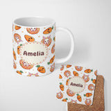 Personalized Custom Name Cute Kawaii Bunny with Carrot Donut Seamless Pattern Grey 11oz Ceramic Coffee Tea Mug White Large Handle